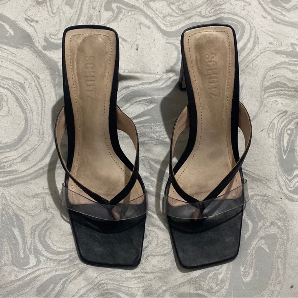 Schutz black and clear square toe heels sandals size 6.5